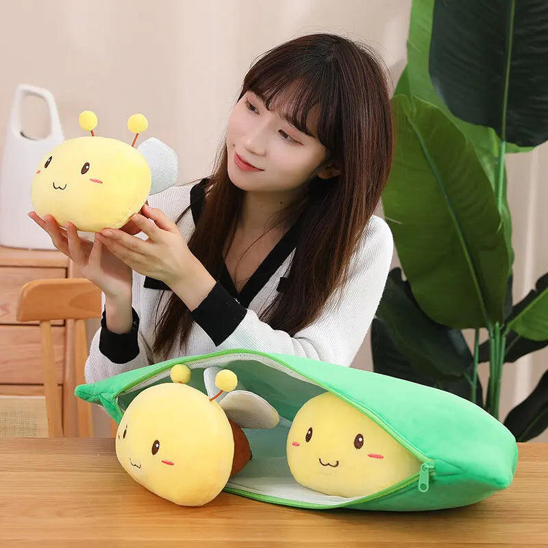 Cute Kids Baby Plush Pea Inside with Bee Toy | Stuffed Plant Doll Kawaii Gift for Children | Pea-Shaped Pillow Toy for Boys and Girls