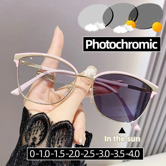 Fashion Cat Eye Photochromic Sunglasses | Unisex Near Sight Eyeglasses with Color Changing Lens | Women Luxury Minus Diopter 0 ~ -4.0 | Alo Trendy