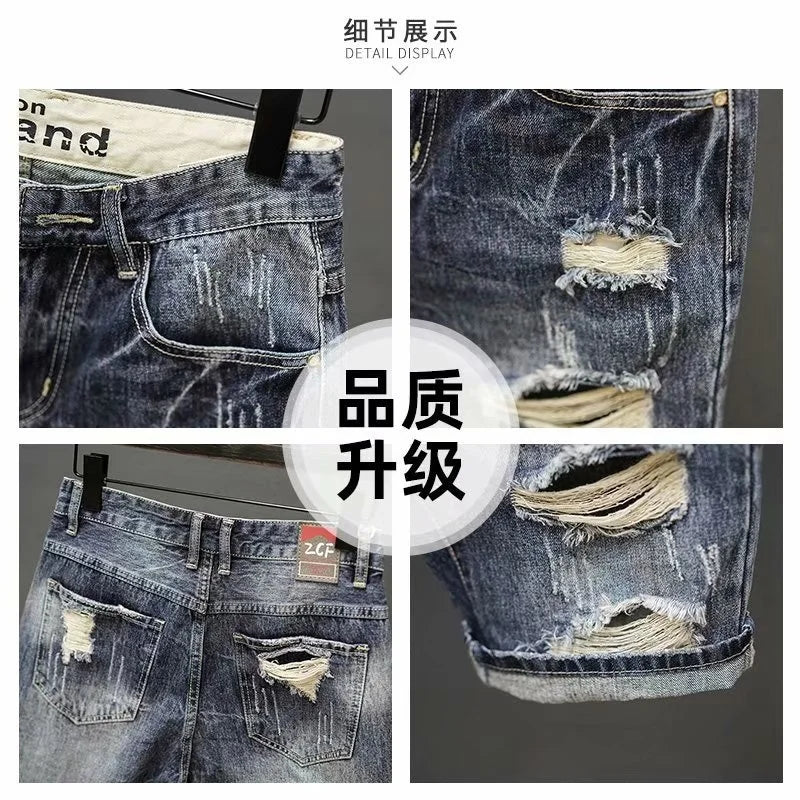 Summer Men's Fashion Straight Loose Denim Shorts | Korean Fashion Streetwear Blue Slim Jeans Shorts | Men's Crop Pants