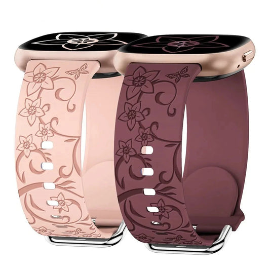 Wildflowers Floral Engraved Band for Fitbit Versa 4, Sense 2, Versa 3, Sense | Soft Silicone Watch Strap for Women