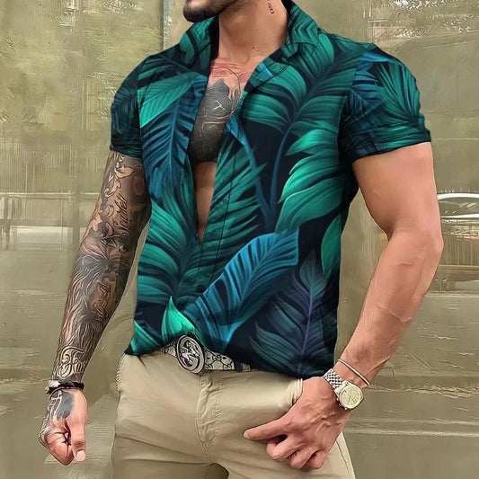 Men's Casual Hawaiian Shirt | 3D Tropical Print Beach Short Sleeve Tops | Oversized Poplin Blouses