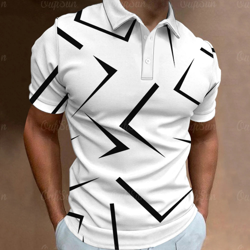 Fashion Men's Polo Shirt 3D Thin Line Stripe T-Shirt Top | Summer Short Sleeve Colorful Pattern Tee Casual Male Clothes