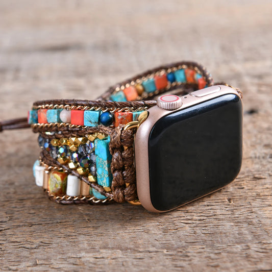 Boho Imperial Jasper Apple Smart Watch Band | Beads 3X Wrap Vegan Rope Wristwatch Strap | Armband Bracelet Women Jewelry Accessories