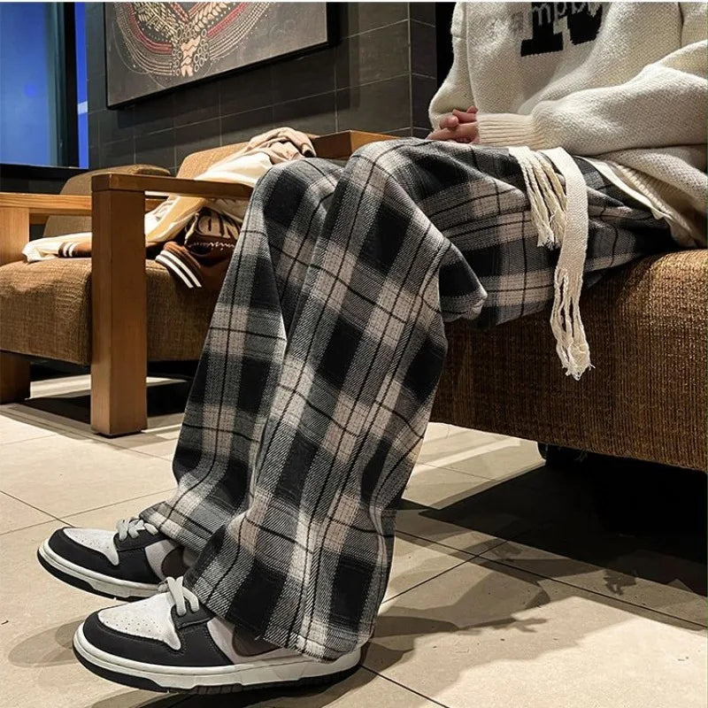 Men's Winter Retro Plaid Wide-Leg Trousers | Harajuku High Street Loose Plus Fleece Thick Straight Casual Pants