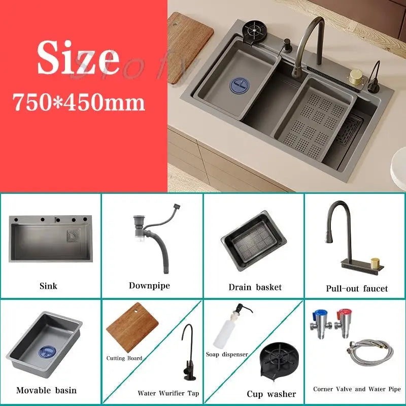 White/Balck/Grey 304 Stainless Steel Waterfall Kitchen Sink Single Bowl Wash Basin Home Sink Topmount  Workstation Drainage Set