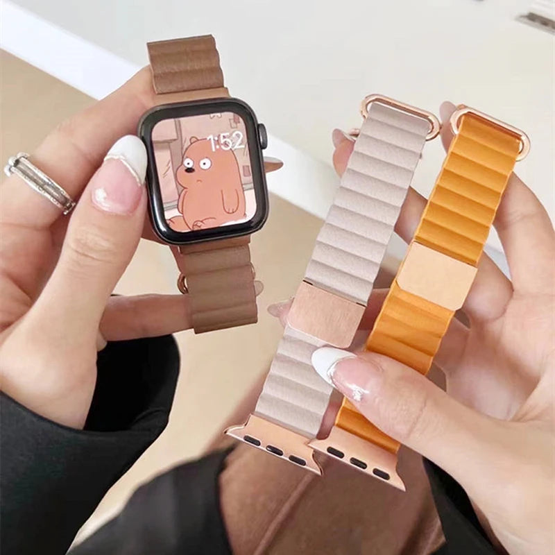 Leather Magnetic Strap for Apple Watch Ultra Band 49mm 44mm 40mm 41mm 45mm 38/42mm Women Loop Bracelet iWatch Series 9 8 7 SE 6