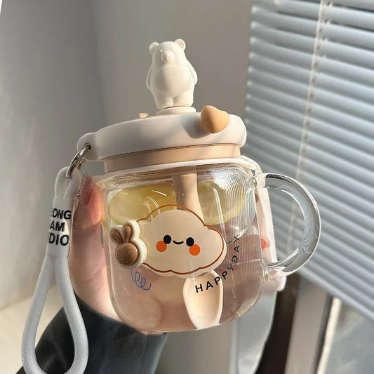 700ML Cute Bear Glass Water Cup With Handle Lid Jumbo Stirring Straw Juice Cups Portable Coffee Milk Double Drinking Mug Bottles | Alo Trendy