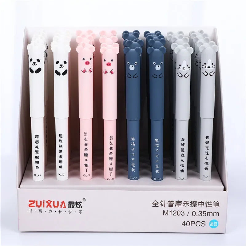 Kawaii Pig Bear Cat Mouse Erasable Gel Pen Set | School Office Supplies Stationery Gift 0.35mm Blue Black Ink | Alo Trendy