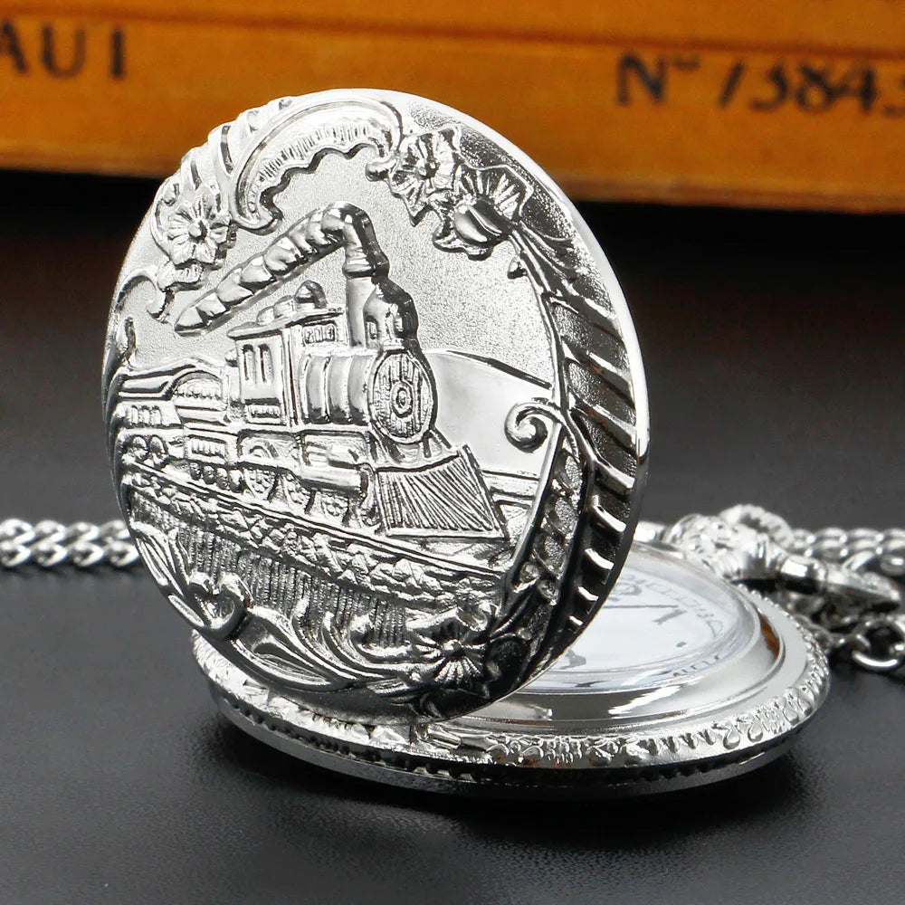 Vintage Antique Steam Train Design Pocket Watch with Chain Necklace | Retro Quartz Pendant FOB Chain Watches