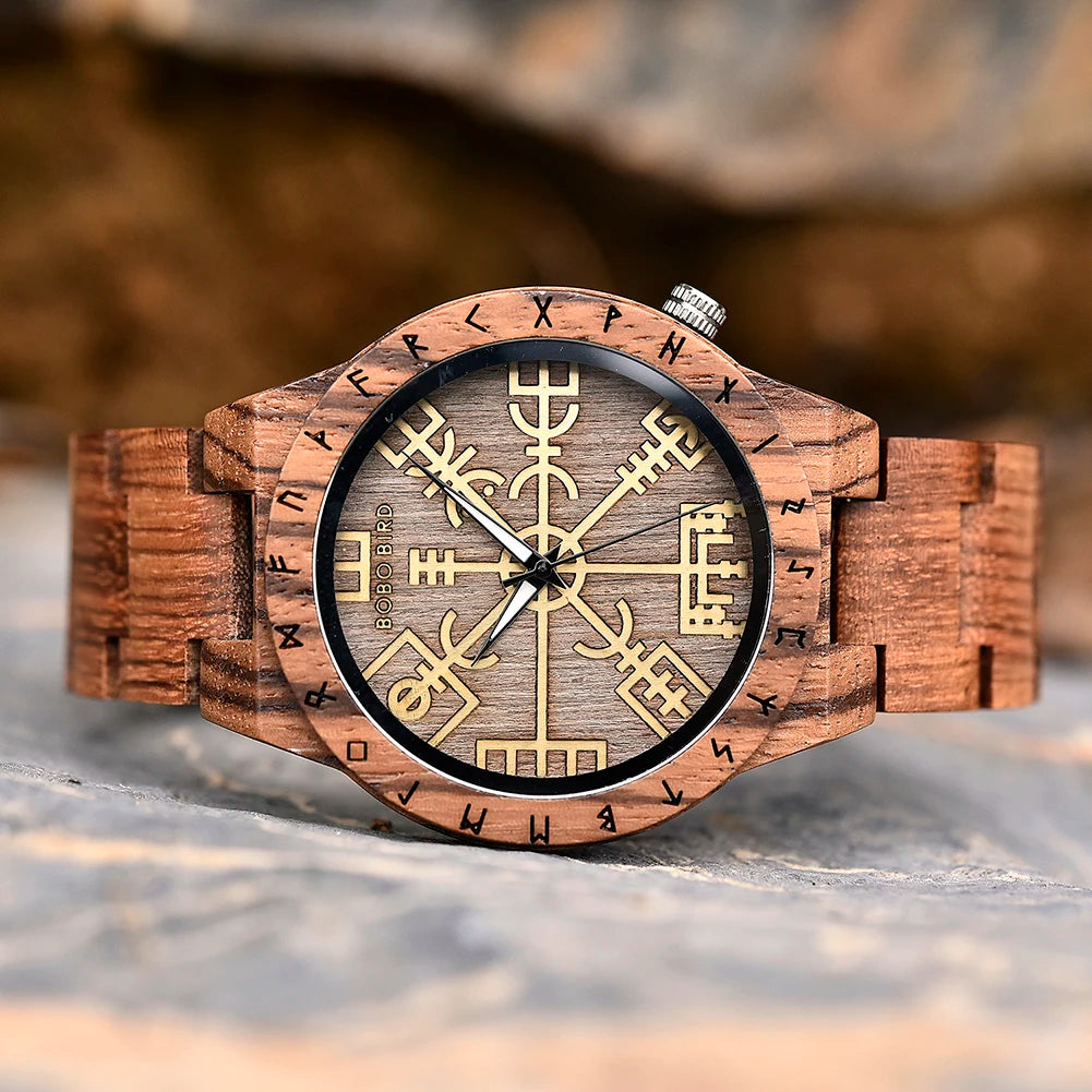 Viking Vegvisir Man's Wooden Watches | Vintage Watch for Men | Wood Clock with Norse Mythology Design