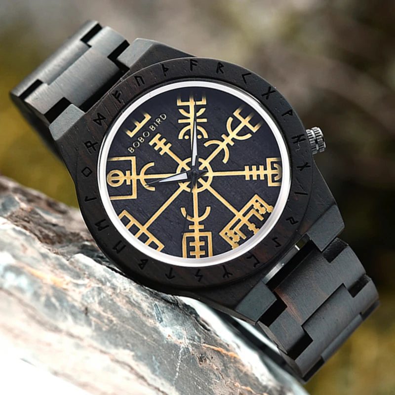 Viking Vegvisir Man's Wooden Watches | Vintage Watch for Men | Wood Clock with Norse Mythology Design