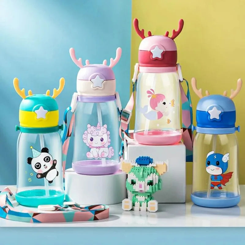 600ml Antler Sippy Cup Kawaii Water Bottle with Straw | Portable Kids Leakproof Jug Outdoor Sports Bottles | Children's Drinkware Alo Trendy