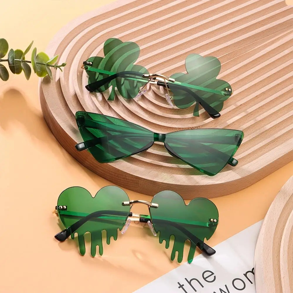 Rimless Four Leaf Clover Funny Sunglasses | Fashion Green Brand Designer Festival Costumes Party Glasses | Beach Sun Glasses UV400 | Alo Trendy