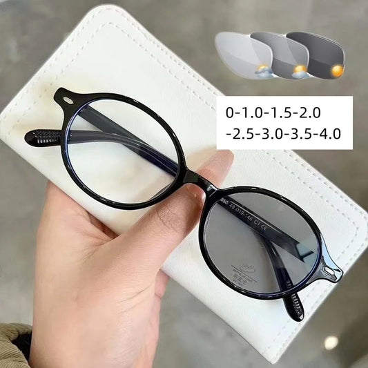 Color Changing Myopia Glasses | Near Sight Elliptical Flat Eyewear | Small Frame Retro Photochromic Round Sunglasses | To -4.0 | Alo Trendy