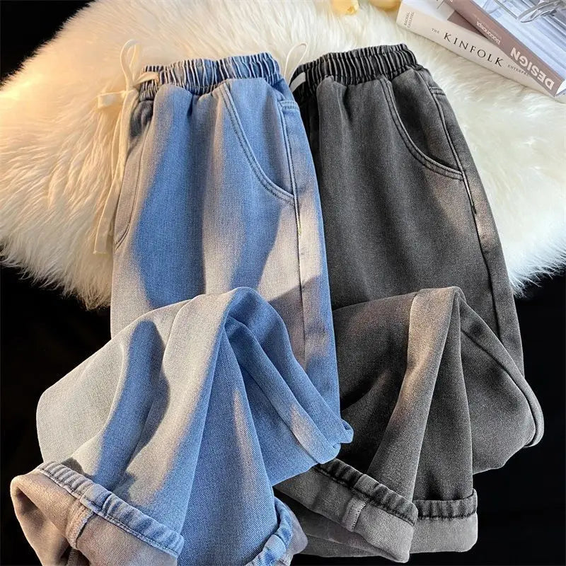 Retro Korean Jeans for Men and Women | Fall and Winter Padded Thickened Loose Straight Wide-Leg Casual Pants