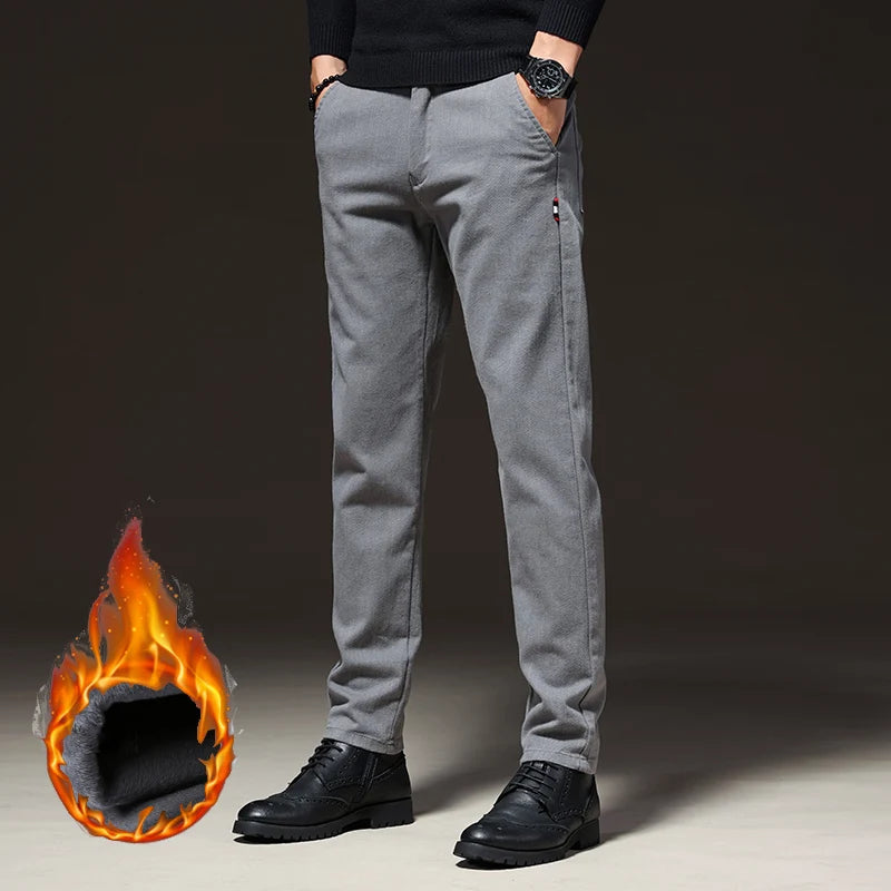 Winter Men's Warm Fleece Stretch Business Pants | Elastic Waist Thick Fur Cotton Soft Slim Straight Trousers | Stylish Male Brand Clothing