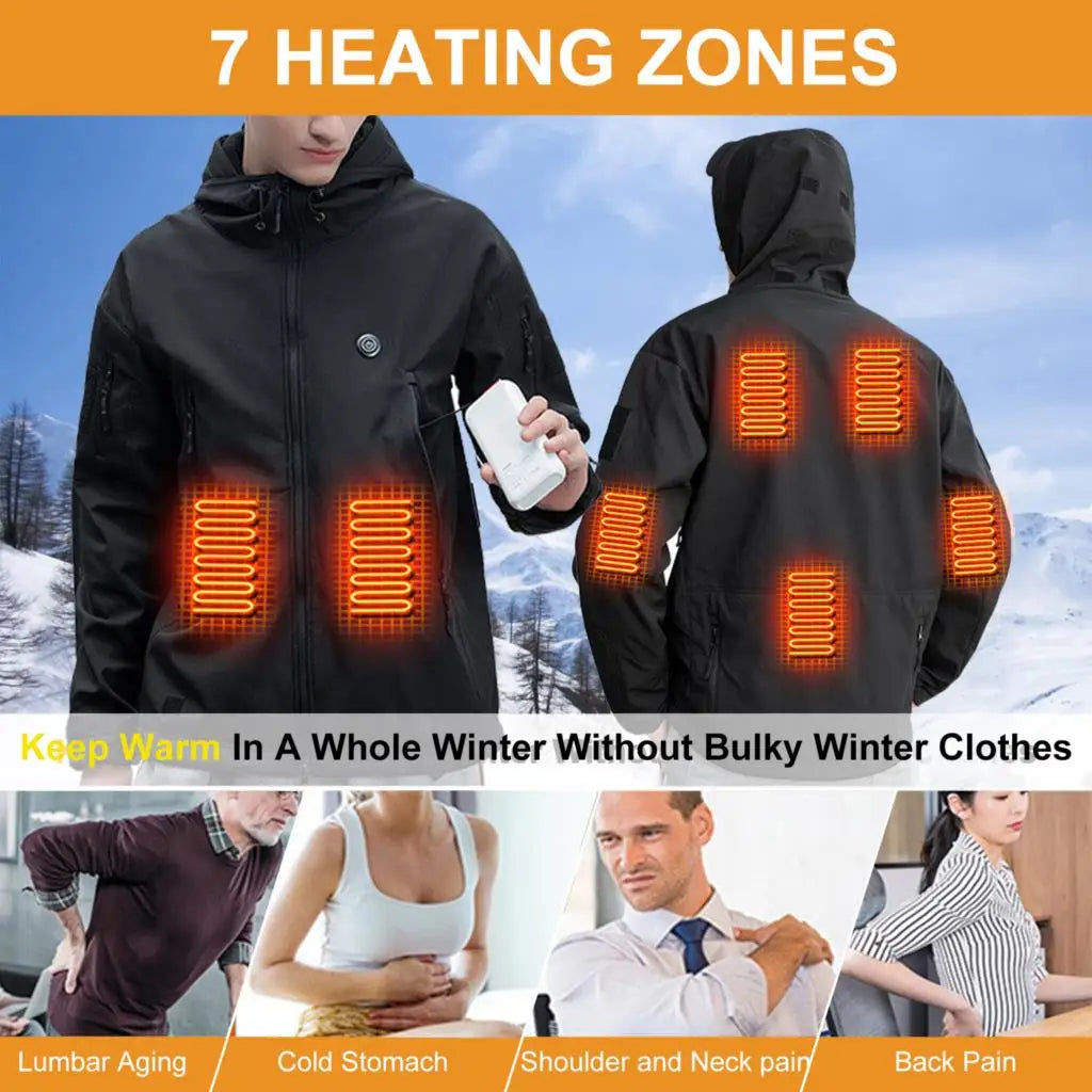 Winter Heated Jacket | 7 Zone USB Electric Heating Jacket for Men and Women | Warm Thermal Coat for Camping, Hiking, and Outdoor Activities