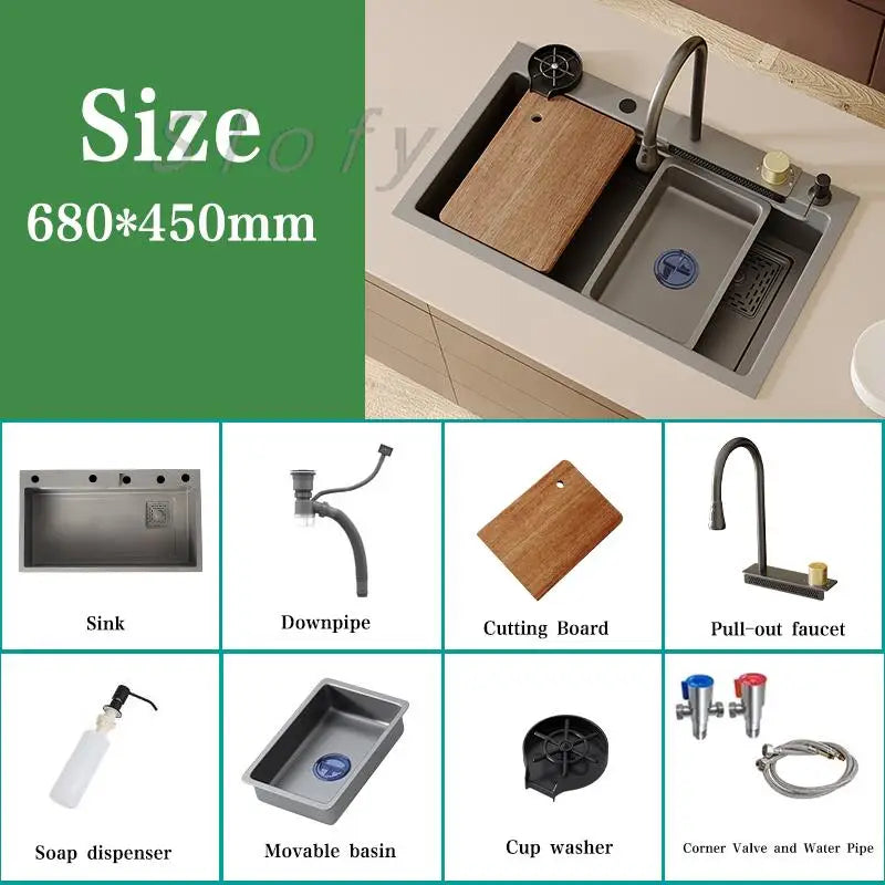 White/Balck/Grey 304 Stainless Steel Waterfall Kitchen Sink Single Bowl Wash Basin Home Sink Topmount  Workstation Drainage Set