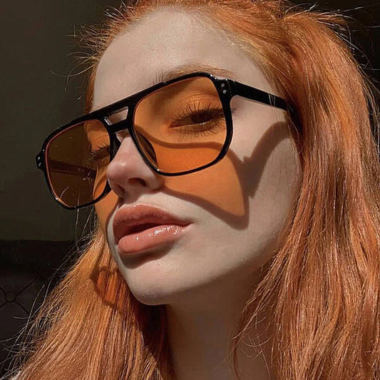 Classic Big Pilot Sunglasses for Women | Vintage Double Beam | Yellow Orange Lens | Candy Color 70s Eyewears | UV400 Protection