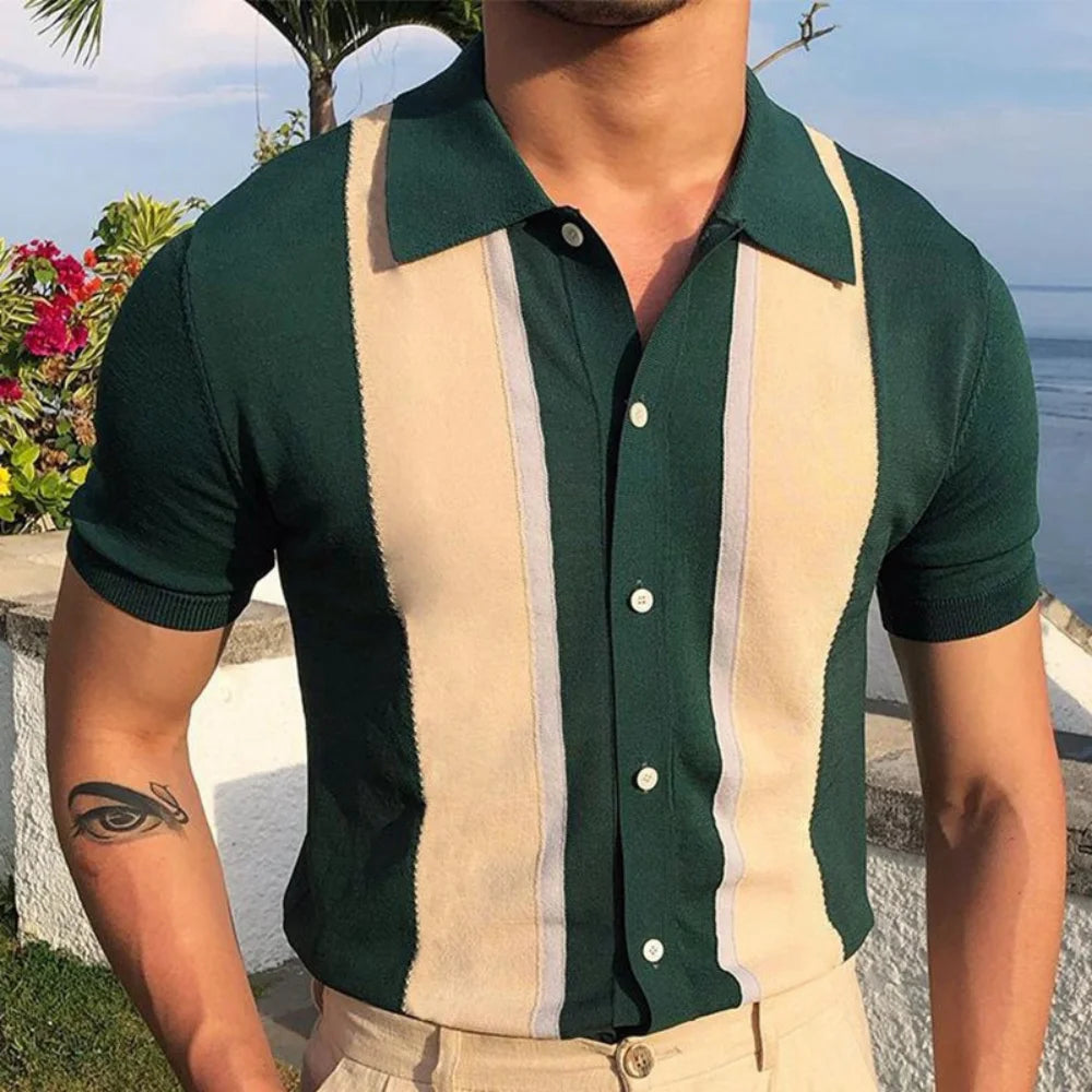 Elevate Your Style with New Men's Lapel Contrasting Color T-shirt | Single-Breasted Cardigan Knitted Short-Sleeved POLO Shirt