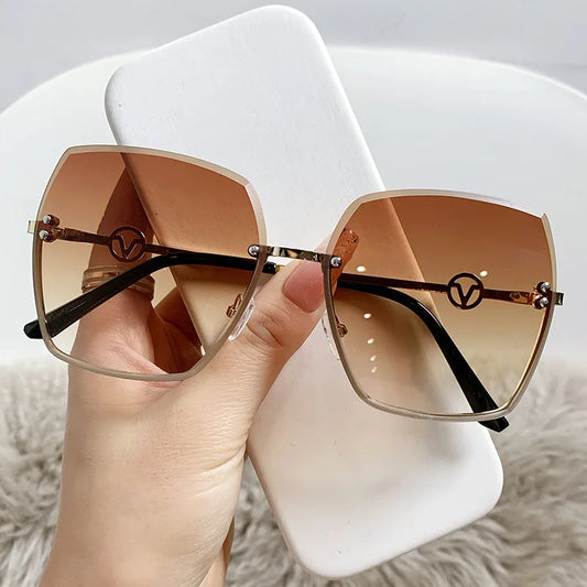 Rimless Letter V Gradient Sunglasses for Women and Men | Luxury Brand Design | Popular Metal Sun Glasses | Fashion Vintage Eyewear