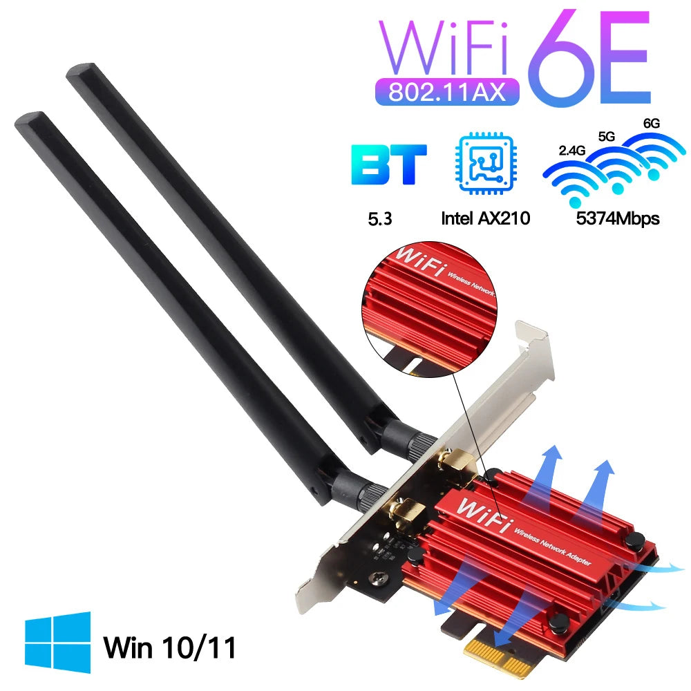 WiFi 6E 5400Mbps PCIe Wifi Adapter AX210 Wireless Network Card AXE3000 BT5.3 2.4/5/6GHz 5374Mbps MU-MIMO 802.11ax For Win 10/11