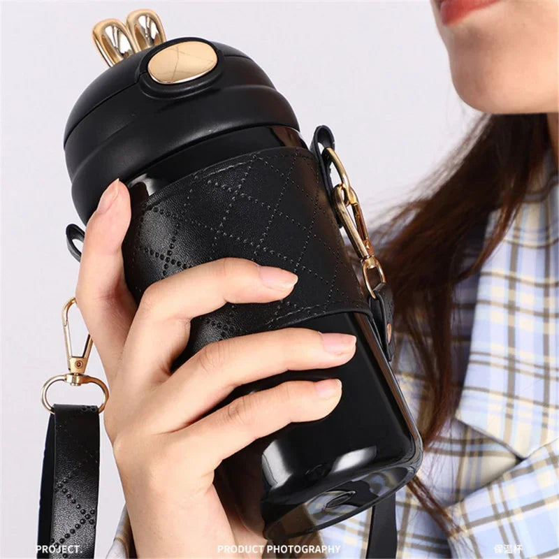 Fashion Summer Student Portable Hot Coffee Tea Cup 420 ml Kawaii Cute Rabbit Ear Straw Water Bottle for Girls | Alo Trendy