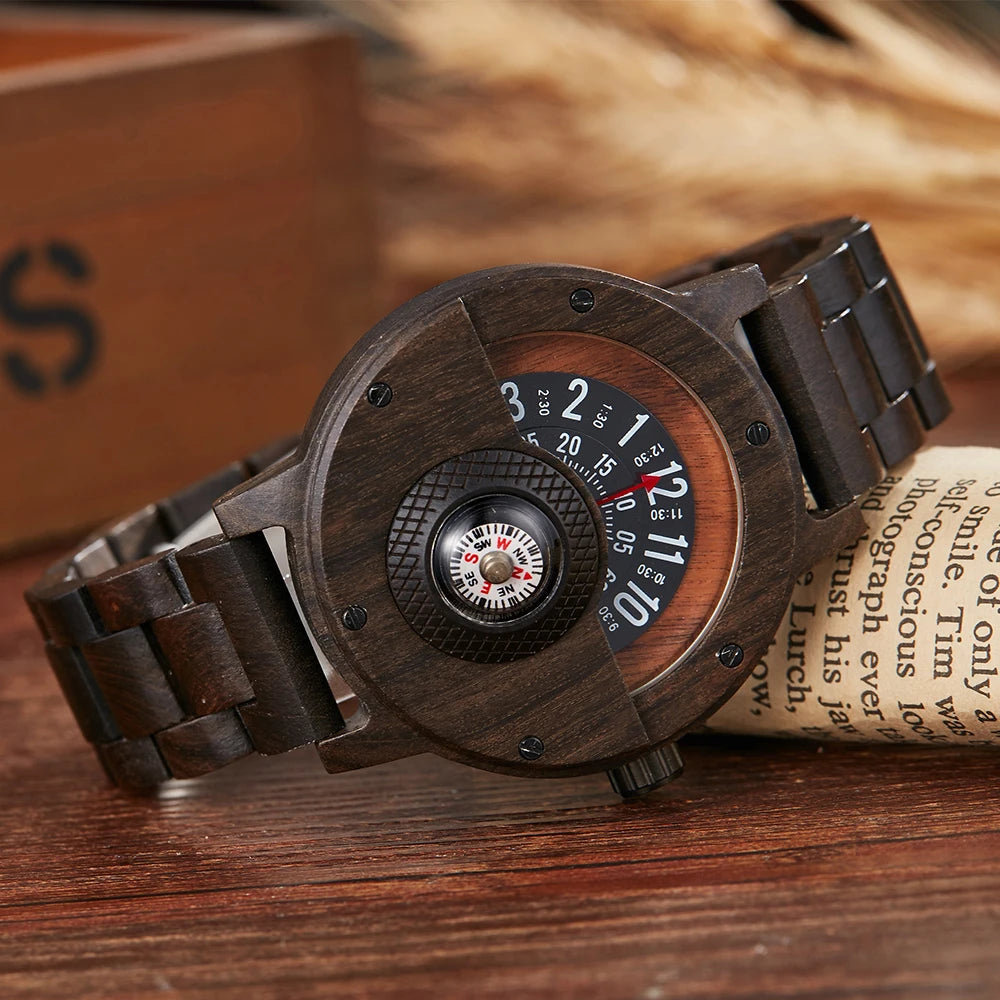 Turntable Compass Creative Wood Watch | Men's Dial in Real Walnut, Ebony, Bamboo | Unique Wooden Watches for Men | Brown and Black Wrist Clock