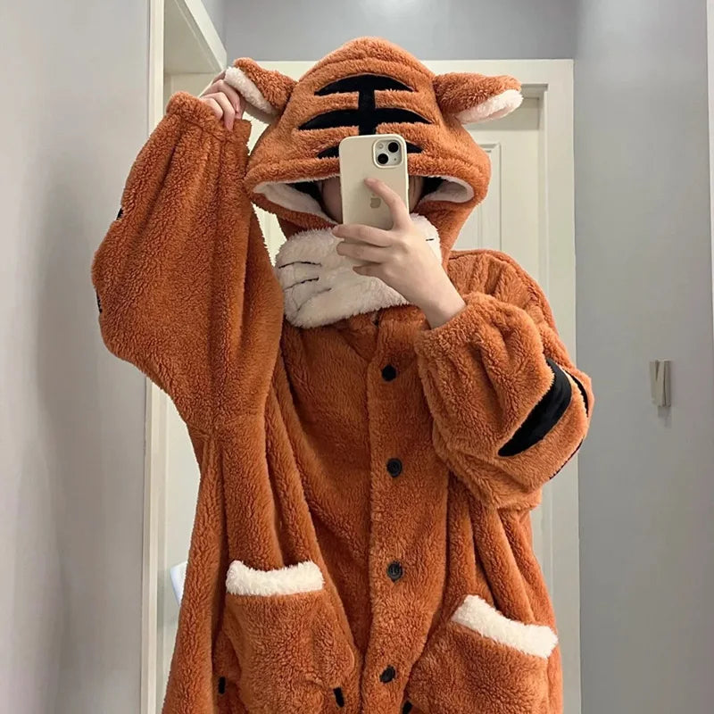 Women's Onesies Flannel Animal Pajama Bear Tiger Cartoon Hooded Kawaii Sleepwear Halloween Christmas Party Nightdress Homewear