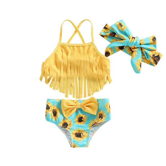 Kids Girls 3 Piece Swimsuits | Solid Color Tassel Sling Tank Tops | Sunflower Print Shorts | Bow Headband Bikini Split Swimwear Set | Alo Trendy