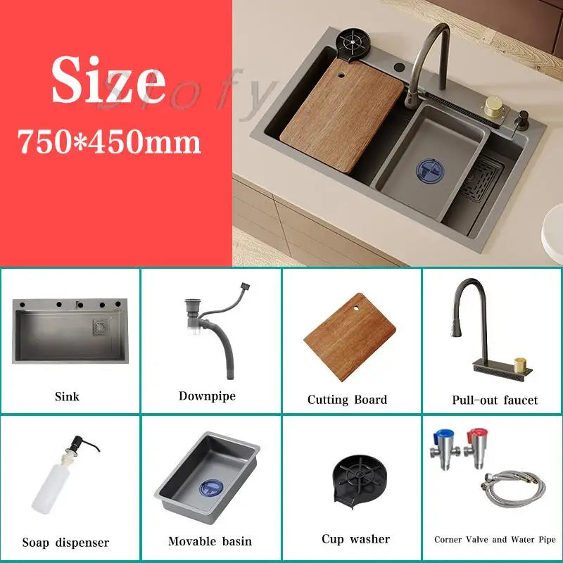 White/Balck/Grey 304 Stainless Steel Waterfall Kitchen Sink Single Bowl Wash Basin Home Sink Topmount  Workstation Drainage Set