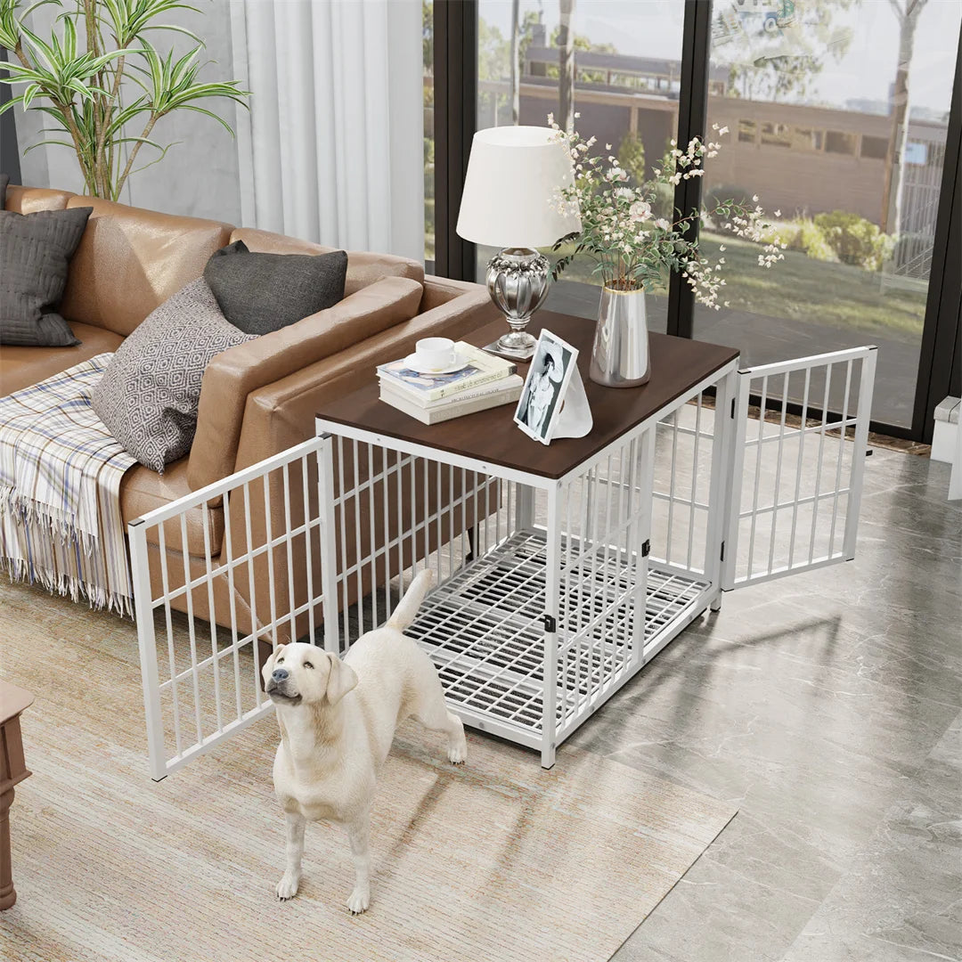 Dog Crate Furniture White Pet Kennel | Black Metal Cage End Table with Three Doors and Removable Tray | For Small, Medium, and Large Dogs