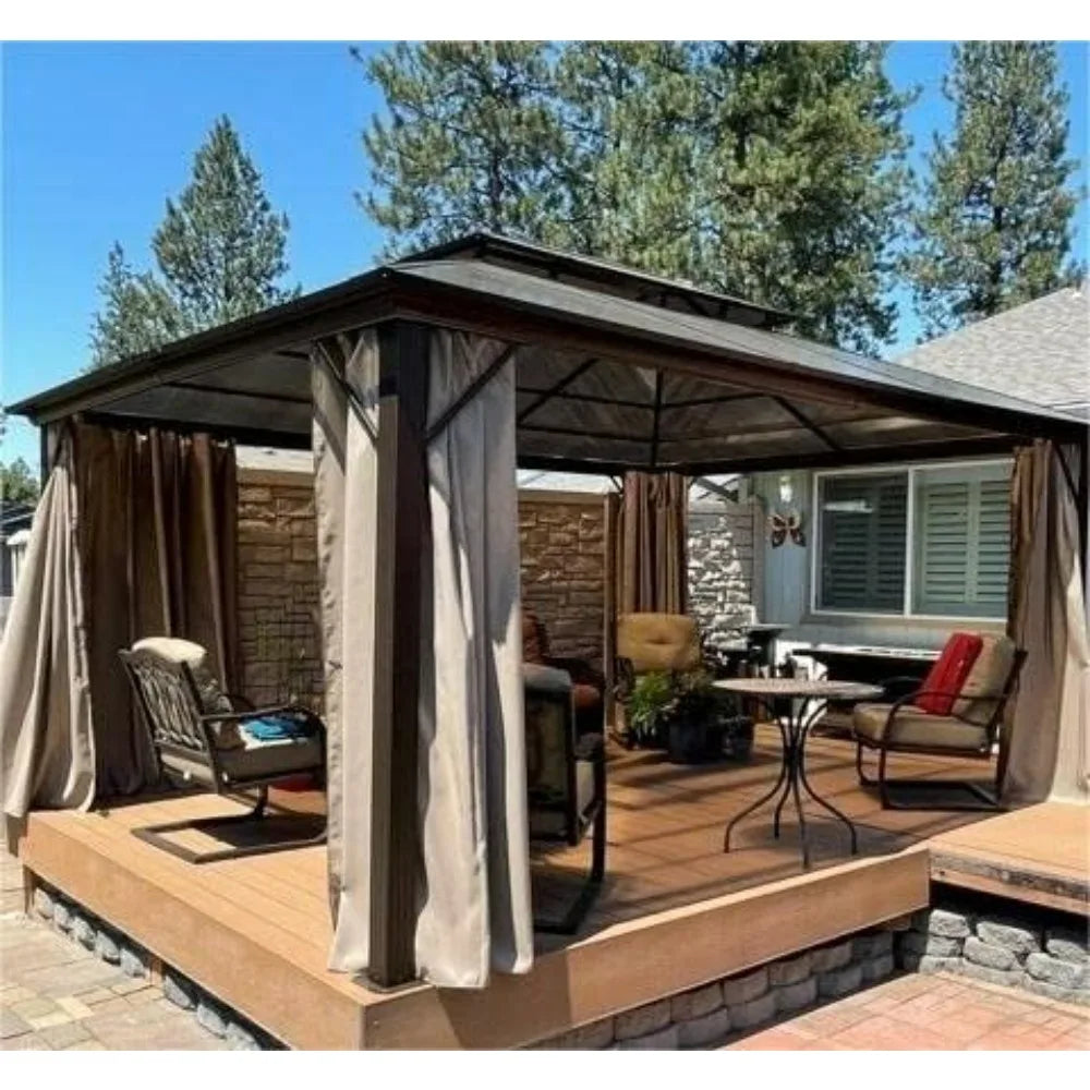 10'x13' Hardtop Gazebo | Outdoor Polycarbonate Double Roof Canopy with Aluminum Frame and Curtains | Permanent Pavilion with Pergola Design