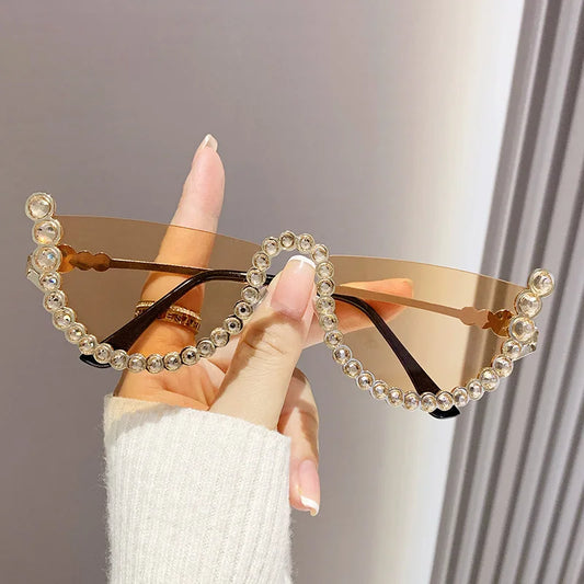 Luxury Brand Designer Diamond Half Frame Sunglasses for Women | Vintage Fashion Sun Glasses with Punk Rhinestone Crystal Metal