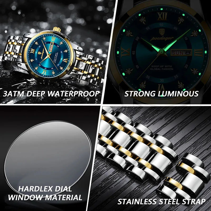 Fashion Roman Numerals Men's Watch | Luxury Gold Silver Stainless Steel Business Watch | Luminous Quartz Clock Reloj Hombre