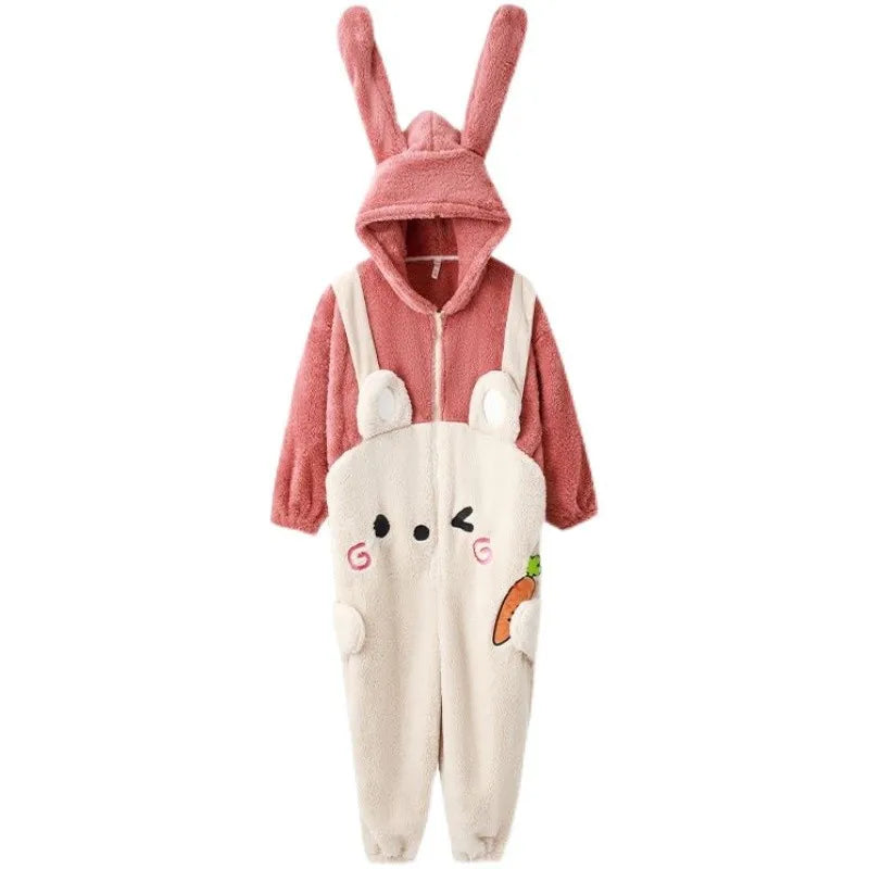 Winter Cute Plush One Piece Pajamas Women's Cartoon Carrot Bear Warm Hooded Zippered Pajamas Student Kawaii Couple Home Wear