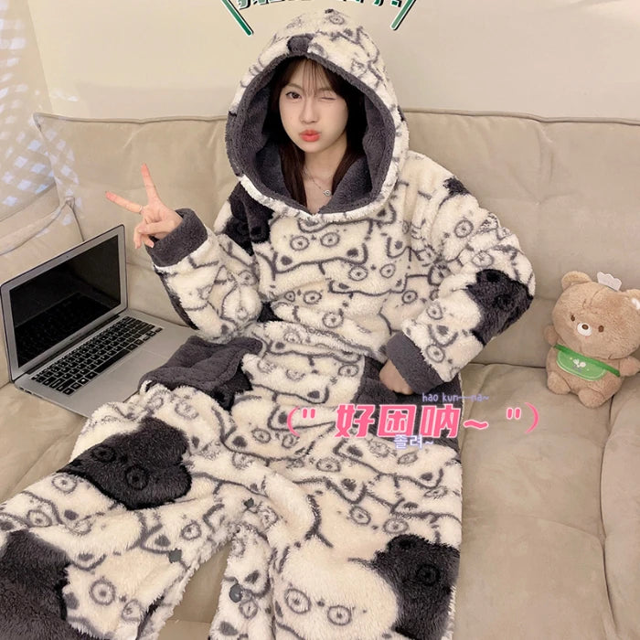 Winter Kigurumis Women Kawaii Onesie Sleepwear Kawaii Pig Print Pajama Coral Fleece Hooded Festival Thicken Warm  Nightwear