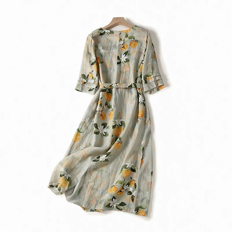 Cotton and linen printed V-neck short-sleeved dress women's 2024 summer new Korean loose tie temperament knee-length casual dres