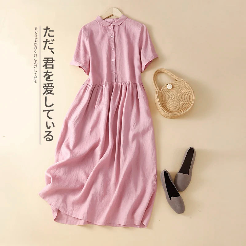 2023 New Summer Women Vintage Solid Cotton Midi Dresses Literary Office Lady Shirt Dress Female Casual Loose Sundress