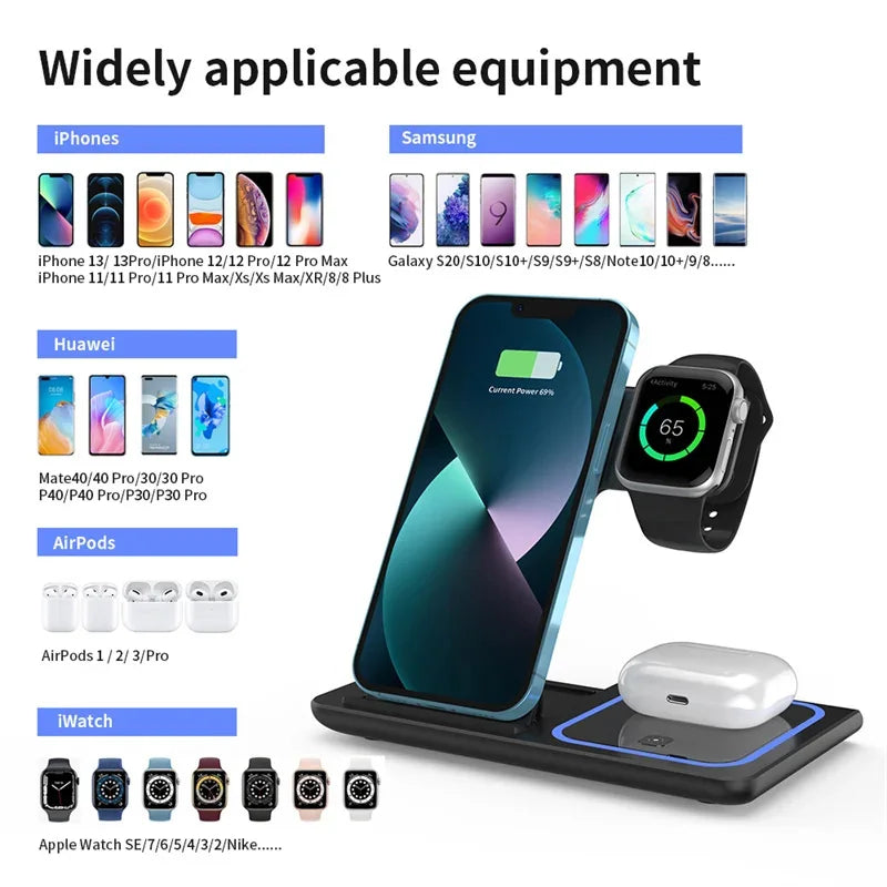 Wireless Charger 3 in 1 For iPhone 15 14 13 12 Pro Max 11 15W Fast Charging Dock Station For Apple Watch Airpods Induction Stand