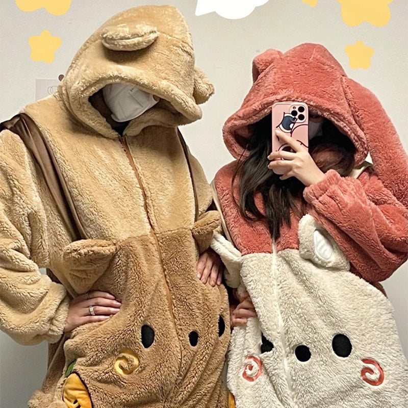 Winter Cute Plush One Piece Pajamas Women's Cartoon Carrot Bear Warm Hooded Zippered Pajamas Student Kawaii Couple Home Wear