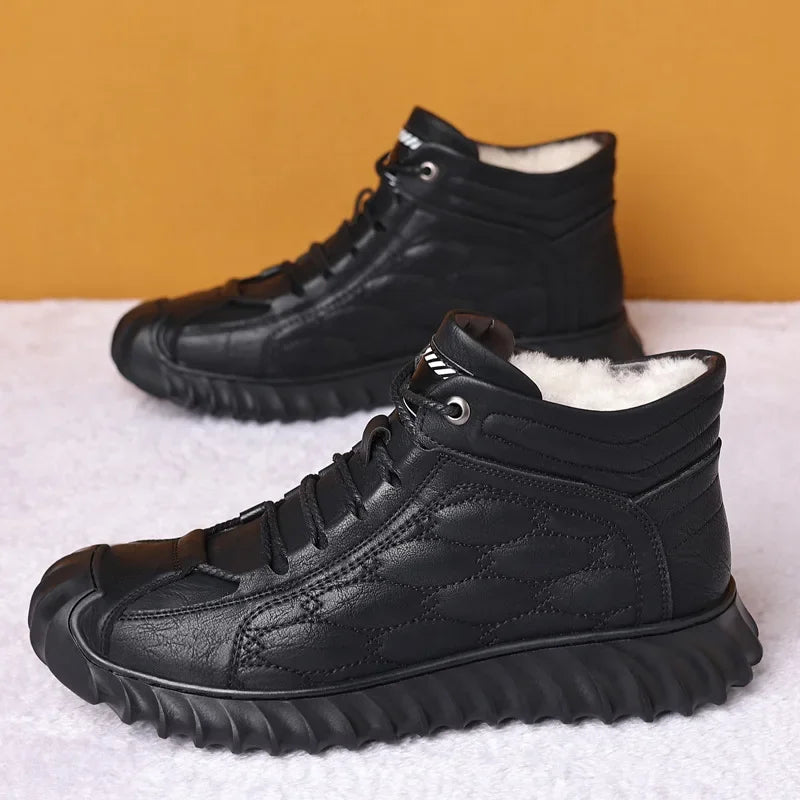 New Men’s Winter Boots | Fashion Plush Snow Boots | Waterproof & Warm Leather Lace-Up Casual Work Shoes