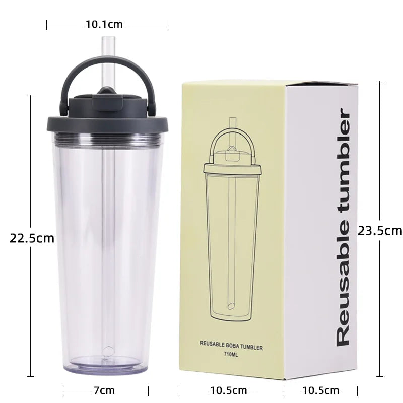 Reusable Double Wall 700ml Clear Plastic Cup | Cold Cup with Straw and Lid | Kawaii Water Bottle | Perfect for Summer Drinks | Alo Trendy