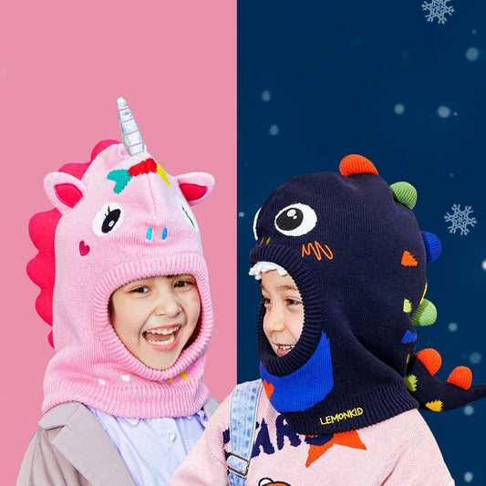 Winter Warm Baby Ear Protection Hat 3D Dinosaur Unicorn Kids Earmuffs Cap Cartoon Woolen Knitted Hats 2-10 Years Children Beanie