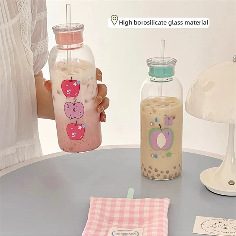 Kawaii Glass Straw Water Bottles For Girls | Transparent Glass School Leakproof Heat Resistant Juice Milk Tea Drinkware Water Cup | Alo Trendy