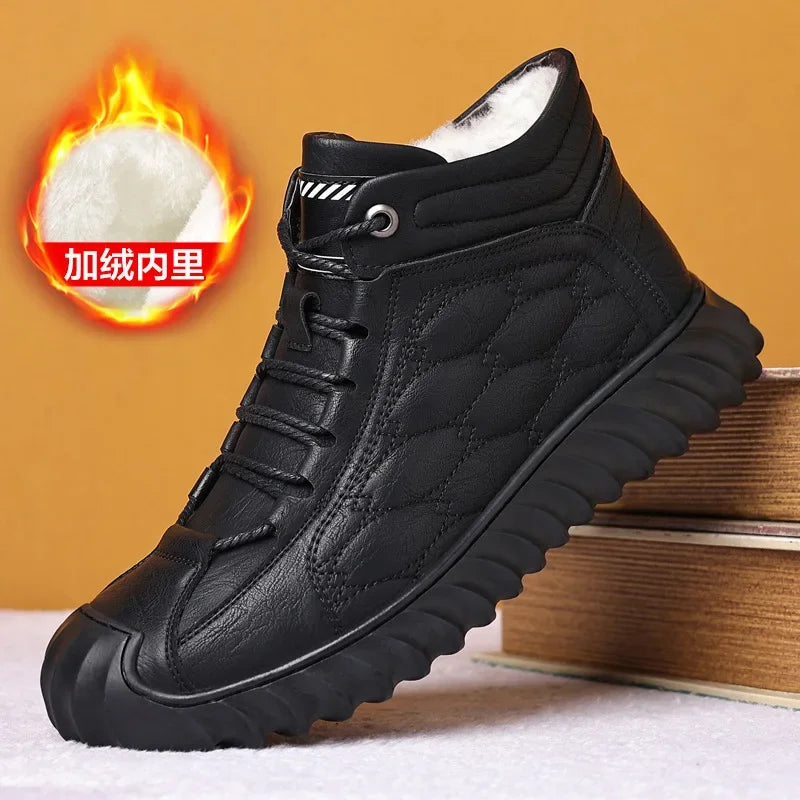 New Men’s Winter Boots | Fashion Plush Snow Boots | Waterproof & Warm Leather Lace-Up Casual Work Shoes