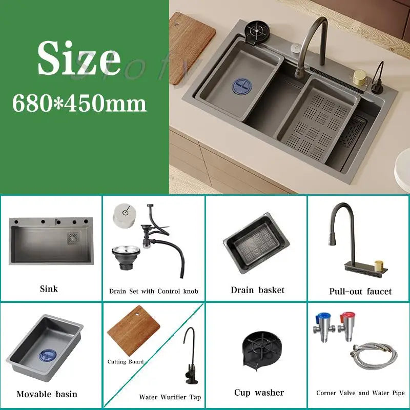 White/Balck/Grey 304 Stainless Steel Waterfall Kitchen Sink Single Bowl Wash Basin Home Sink Topmount  Workstation Drainage Set