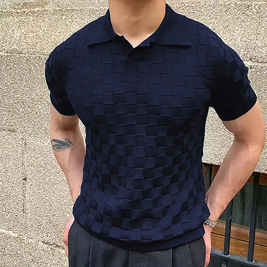 Vintage Plaid Jacquard Knitted Polo T-Shirts Men | Summer Casual Breathable Thin Knit Tops | Fashion Slim Polo Shirts