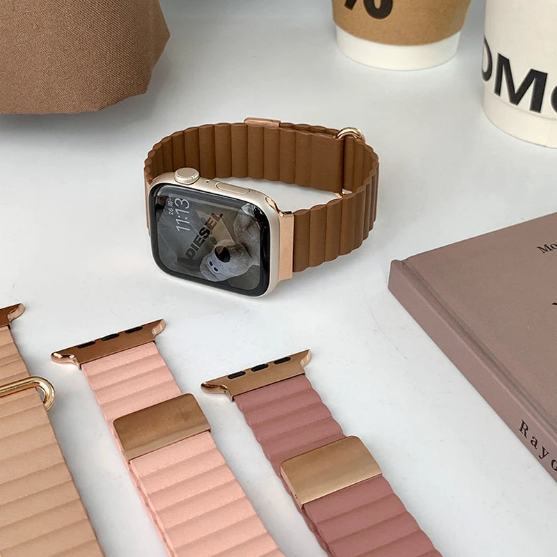 Leather Magnetic Strap for Apple Watch Ultra Band 49mm 44mm 40mm 41mm 45mm 38/42mm Women Loop Bracelet iWatch Series 9 8 7 SE 6