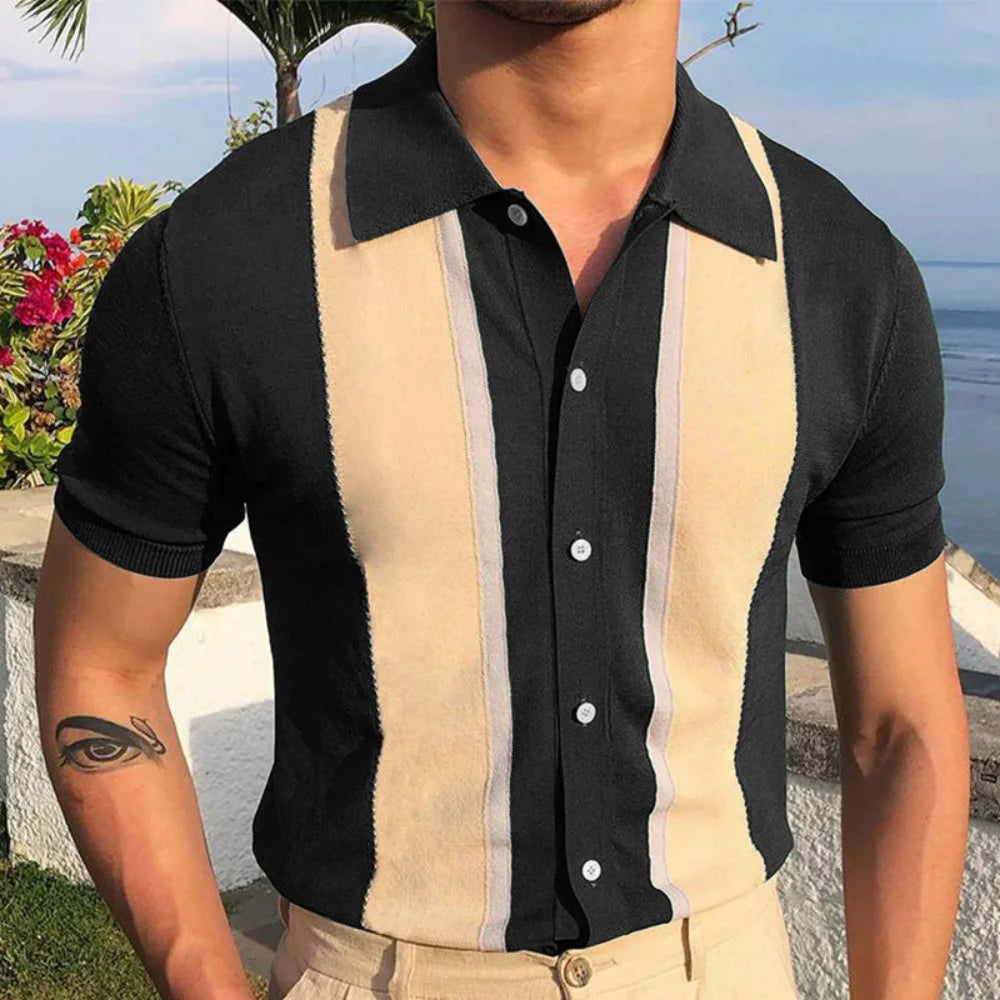 Elevate Your Style with New Men's Lapel Contrasting Color T-shirt | Single-Breasted Cardigan Knitted Short-Sleeved POLO Shirt